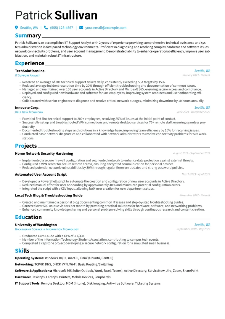 IT Support Analyst Resume Example CV template preview