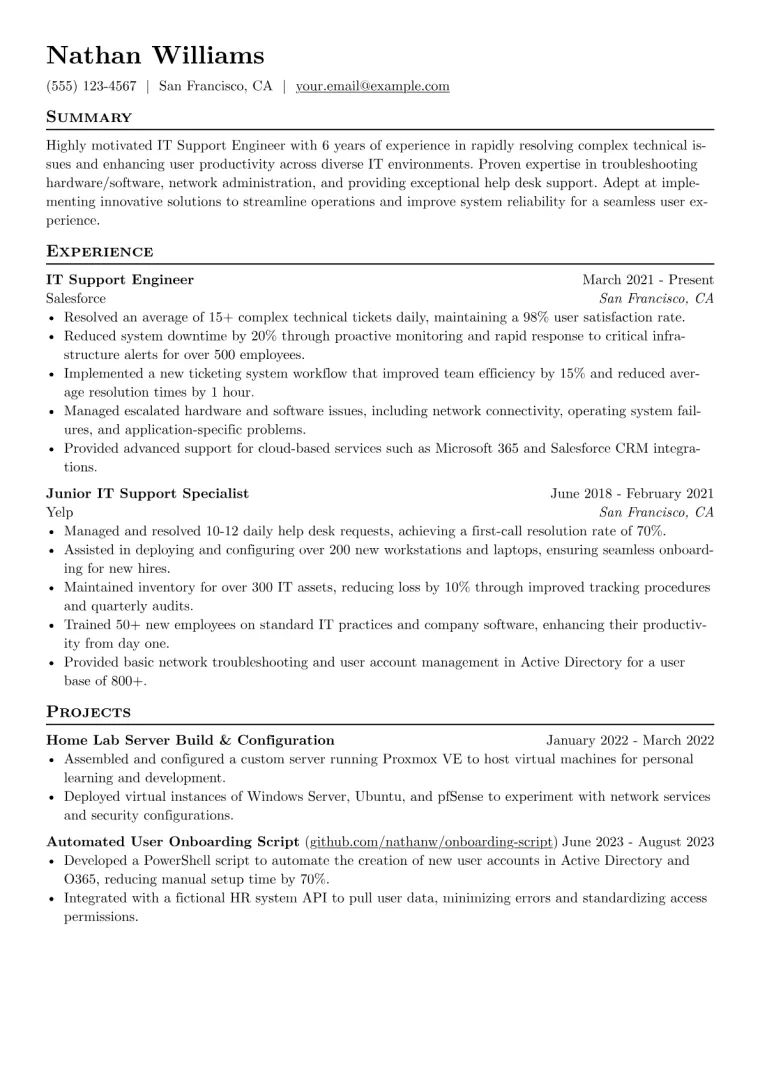 IT Support Engineer Resume Example CV template preview