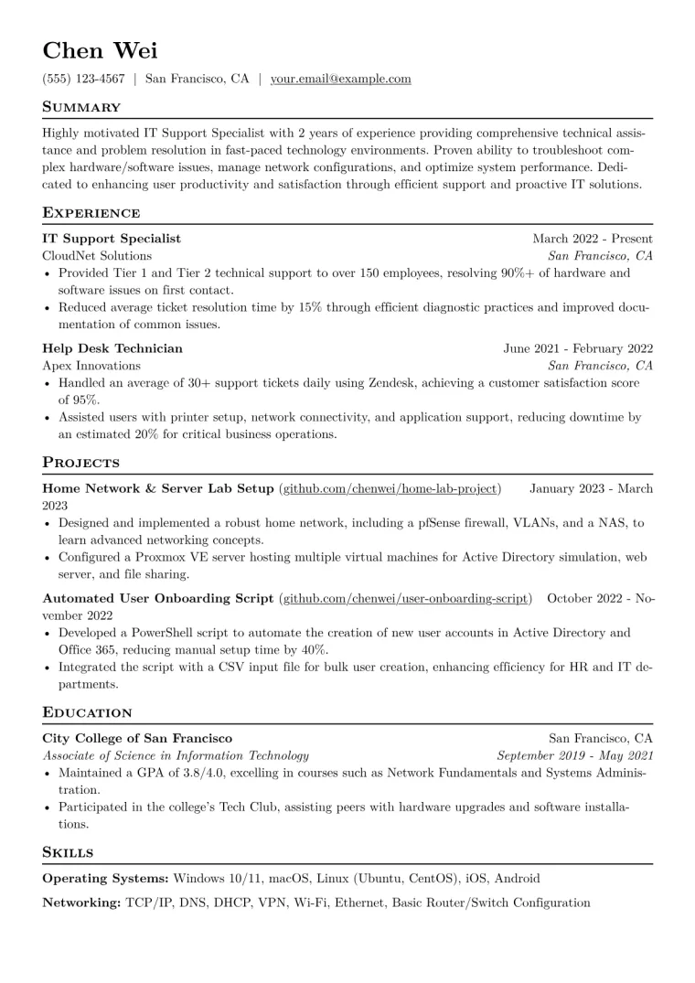IT Support Specialist Resume Example CV template preview