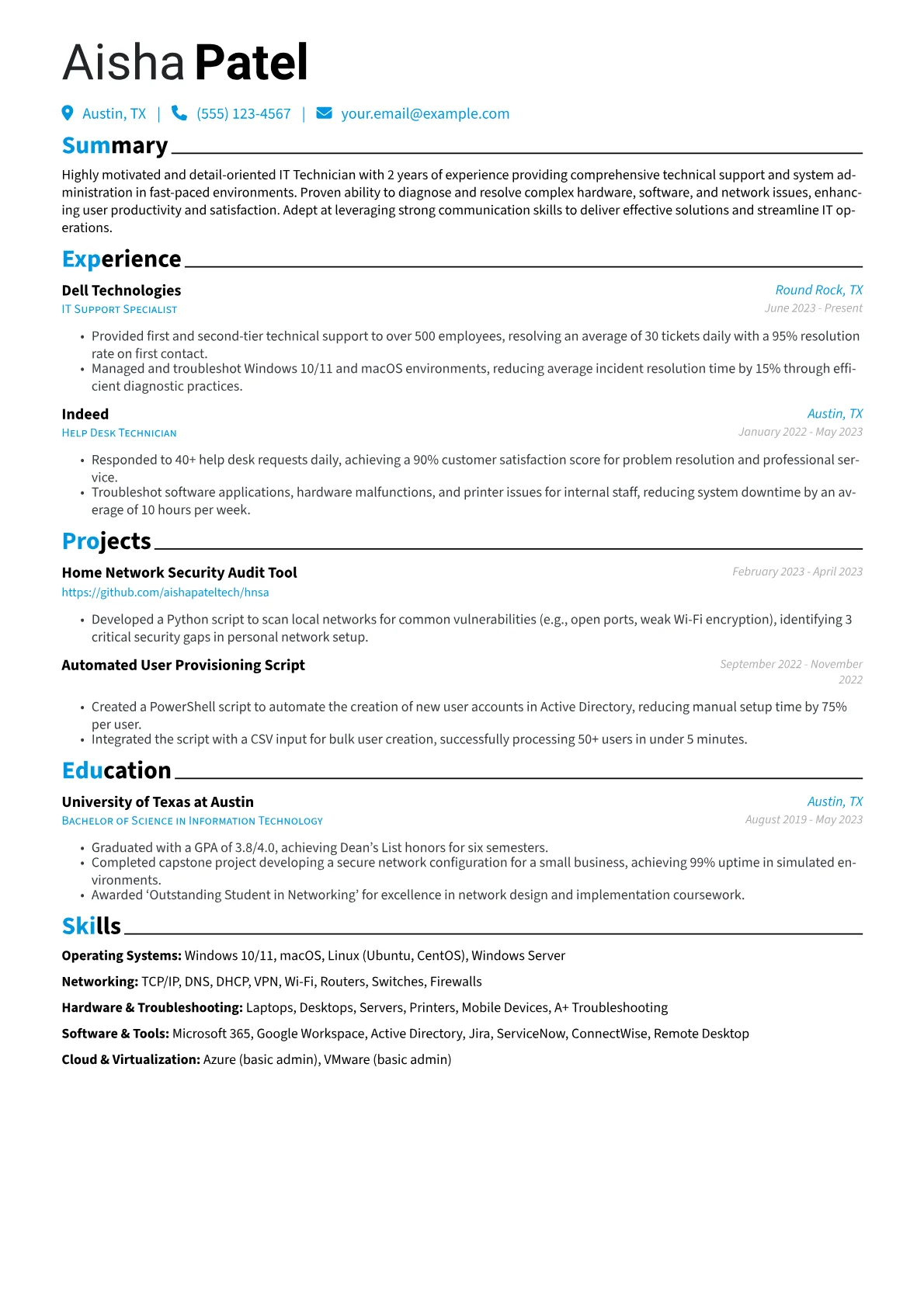 IT Technician Resume Example CV template - Page 1
