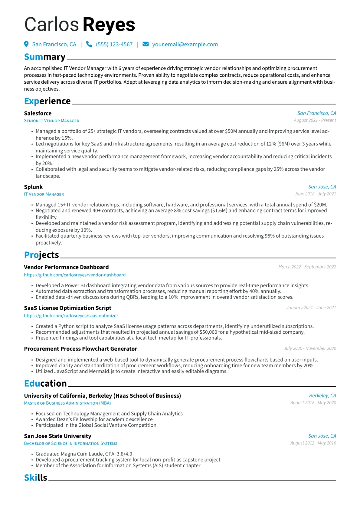 IT Vendor Manager Resume Example CV template - Page 1