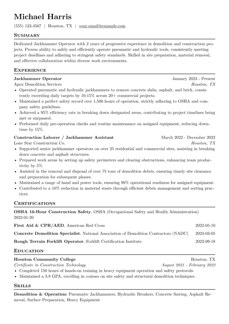 Jackhammer Operator Resume Example CV template preview