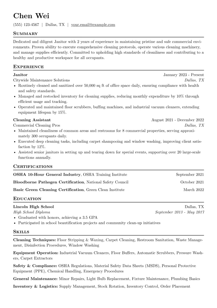 Janitor Resume Example CV template preview