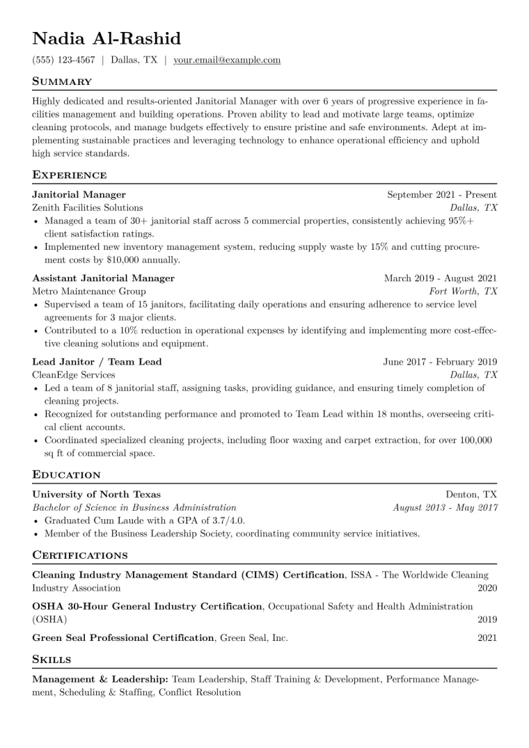 Janitorial Manager Resume Example CV template preview