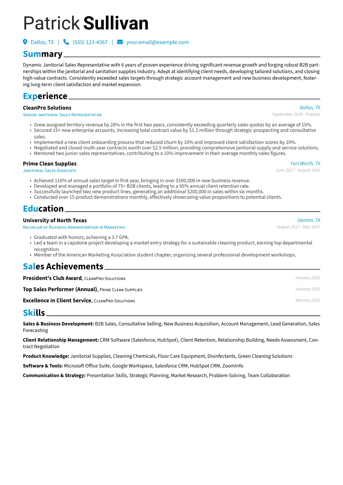 Janitorial Sales Representative Resume Example CV template - Page 1