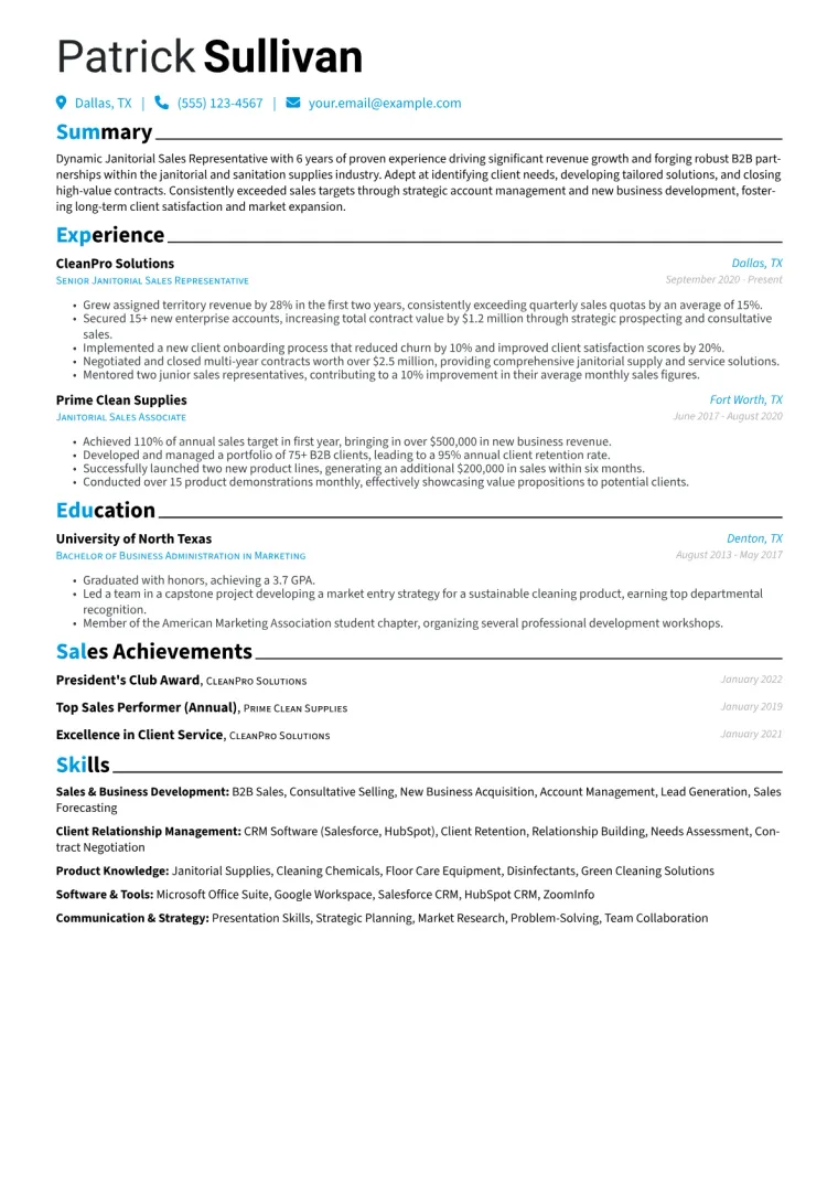 Janitorial Sales Representative Resume Example CV template preview