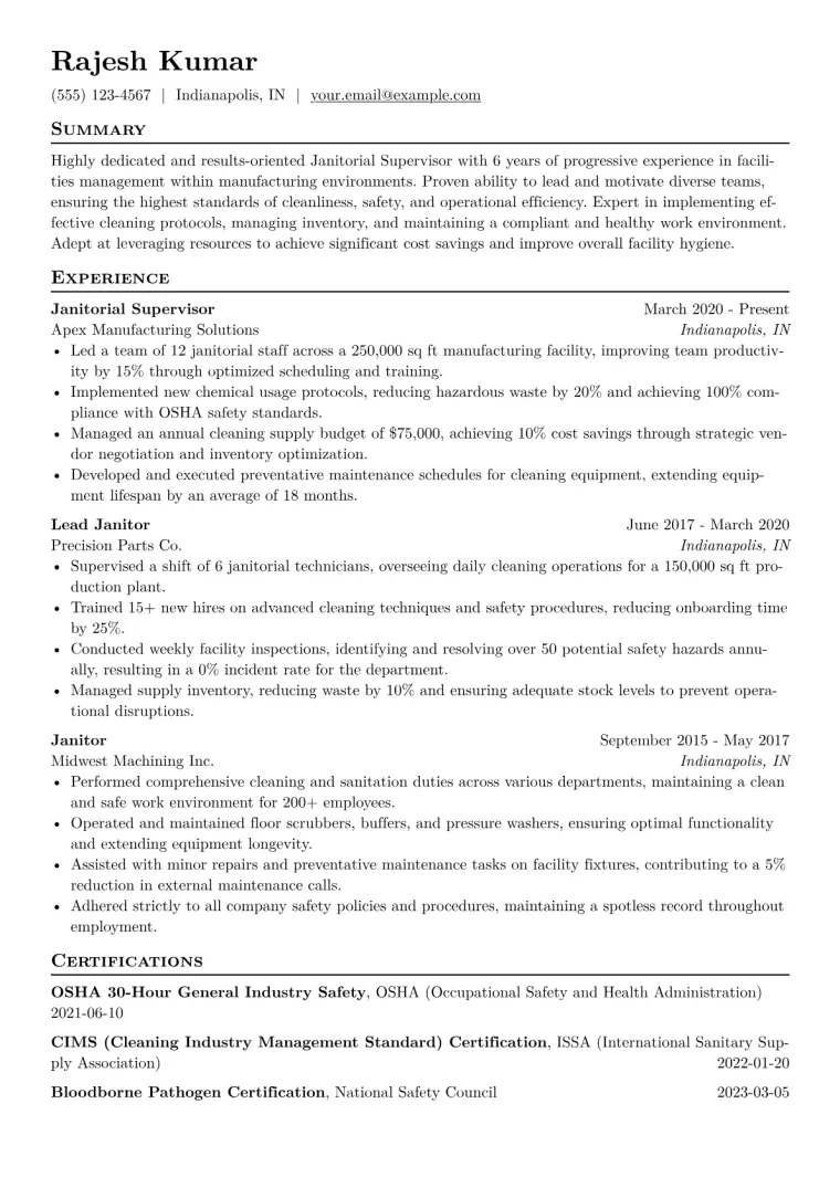 Janitorial Supervisor Resume Example CV template preview