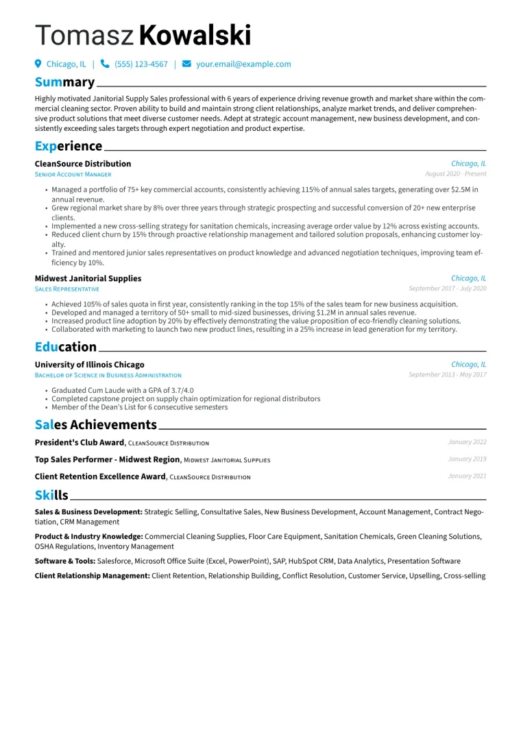 Janitorial Supply Sales Resume Example CV template preview