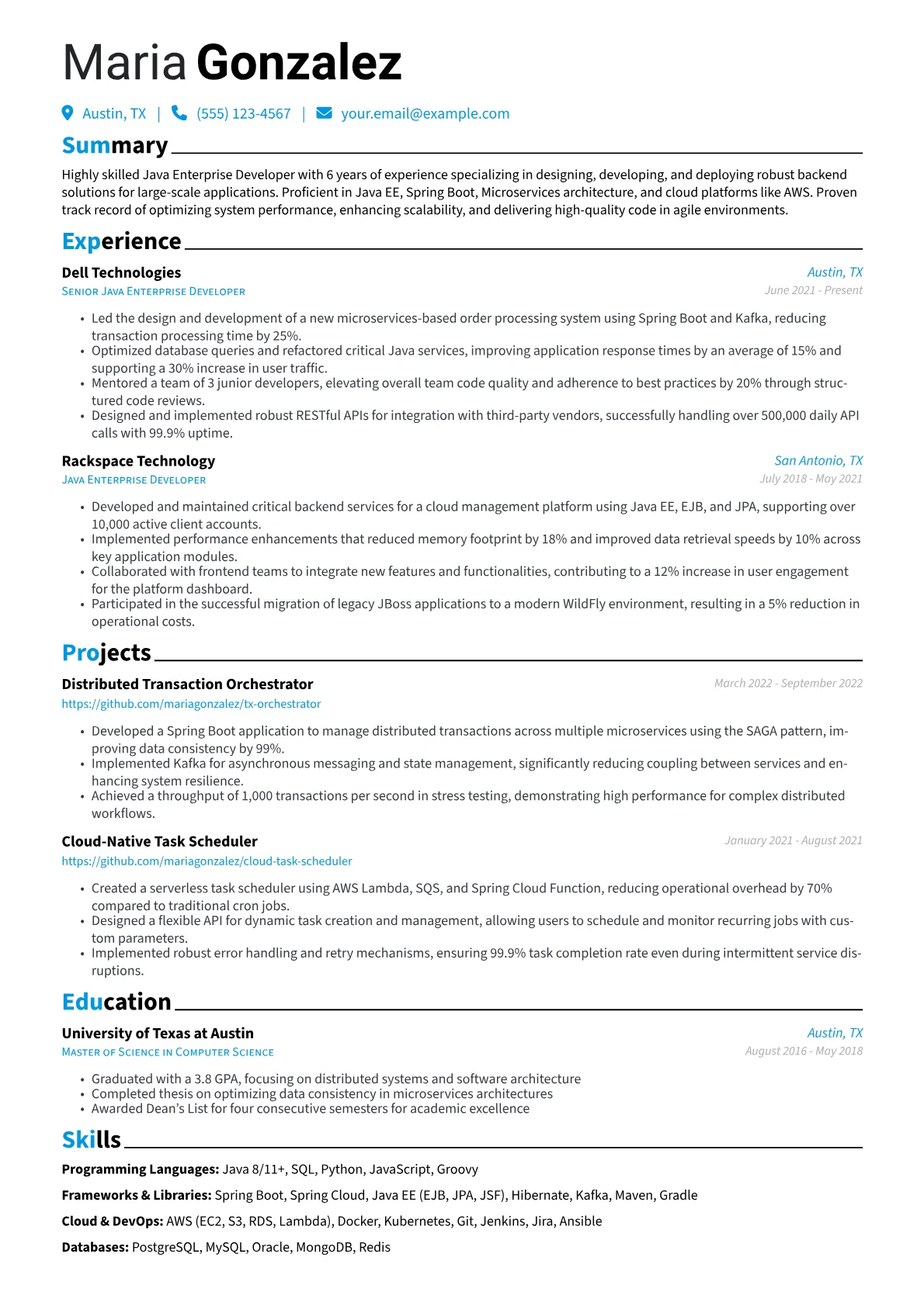 Java Enterprise Developer Resume Example CV template - Page 1