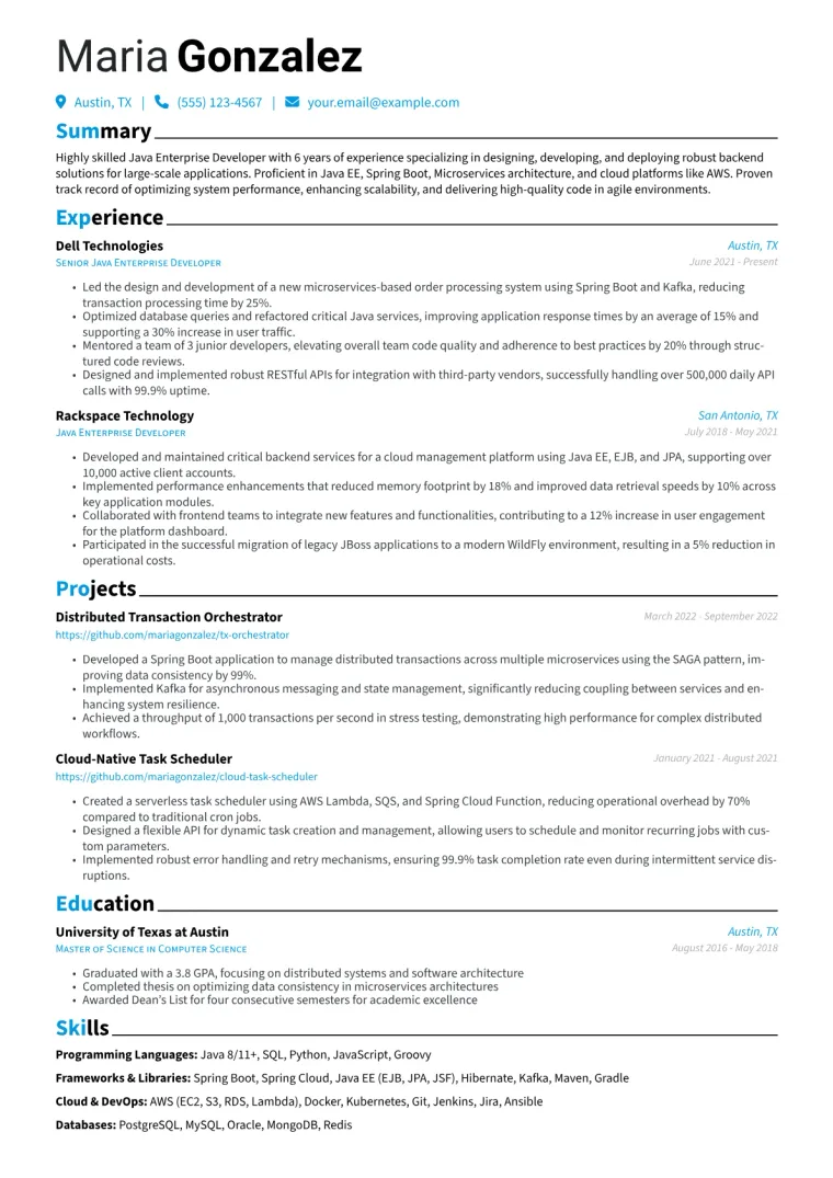 Java Enterprise Developer Resume Example CV template preview