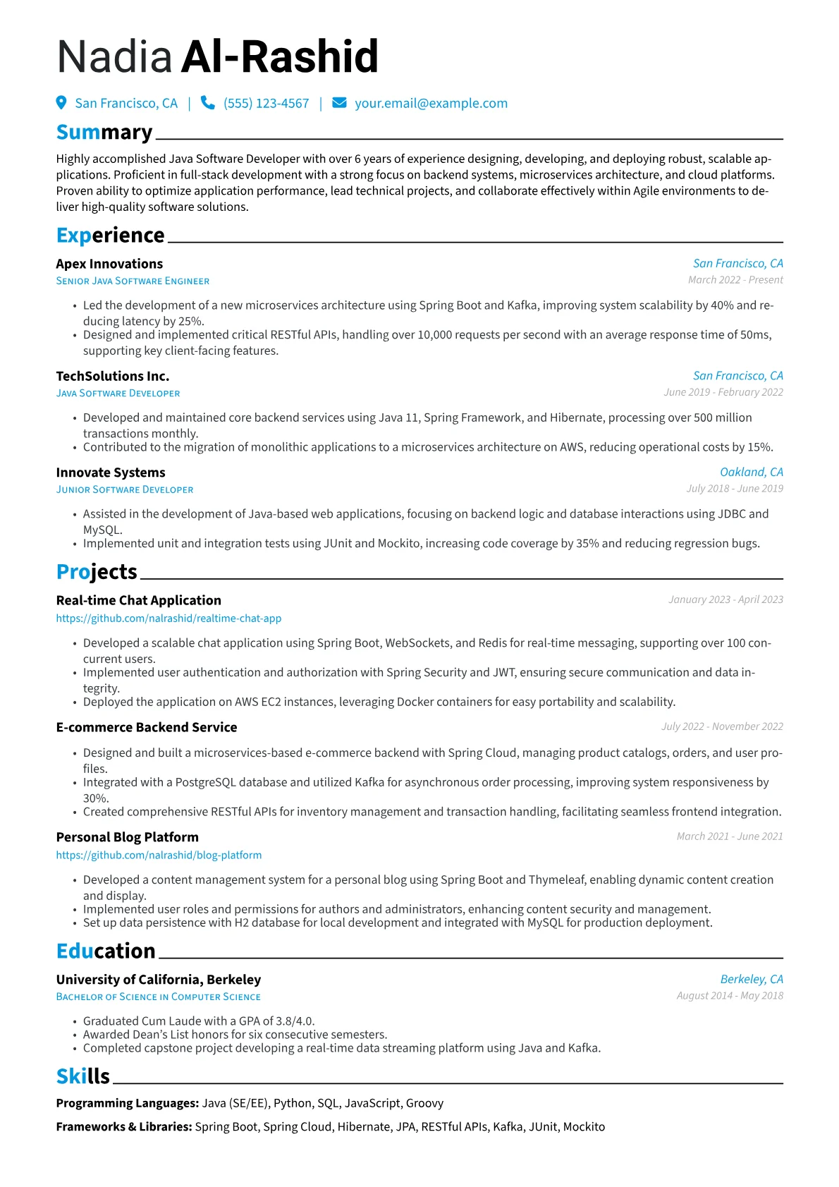 Java Software Developer Resume Example CV template - Page 1