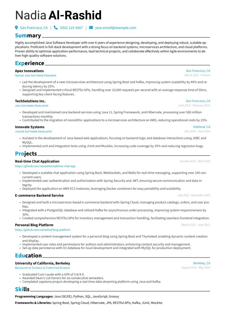 Java Software Developer Resume Example CV template preview