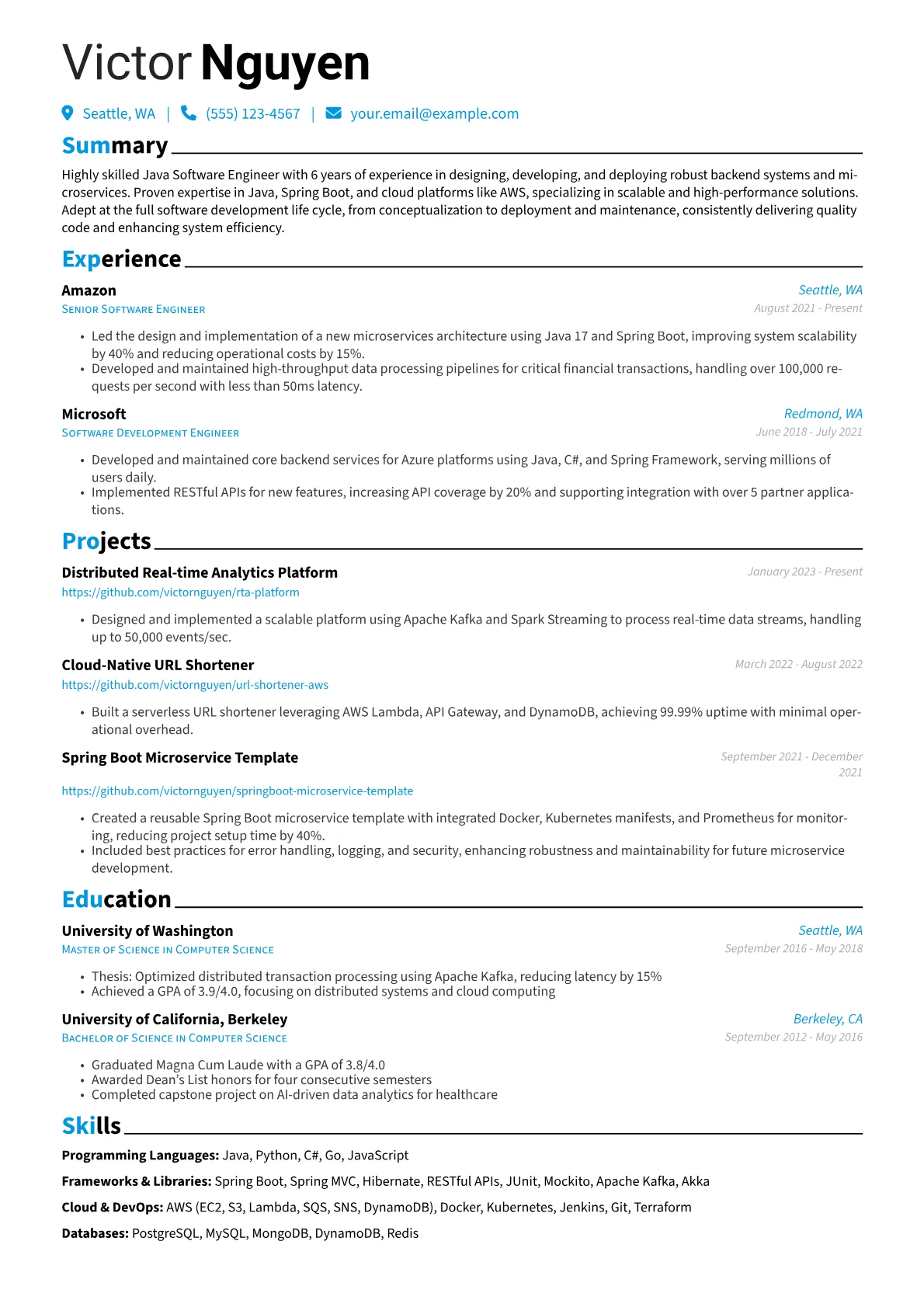 Java Software Engineer Resume Example CV template - Page 1