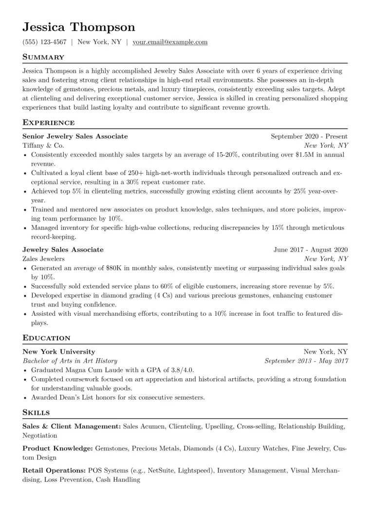 Jewelry Sales Associate Resume Example CV template preview