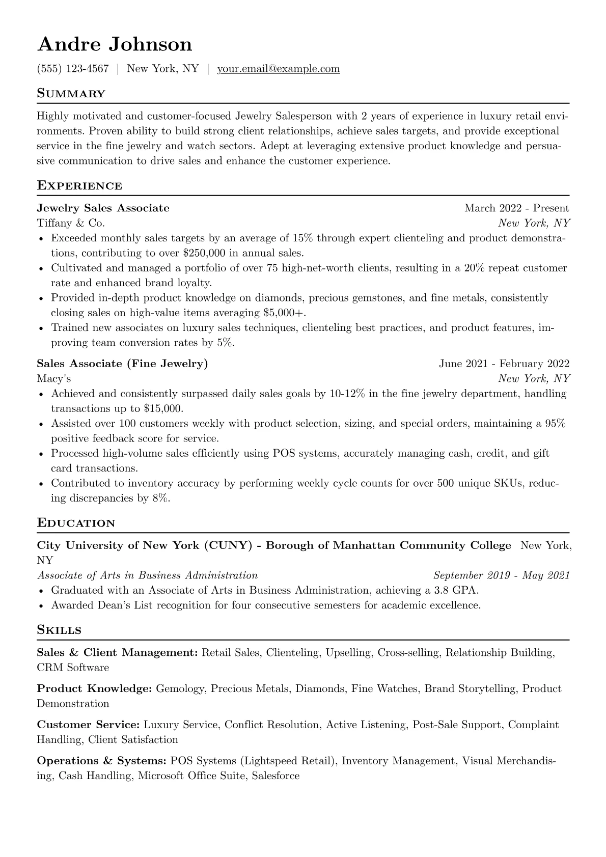 Jewelry Salesperson Resume Example CV template - Page 1