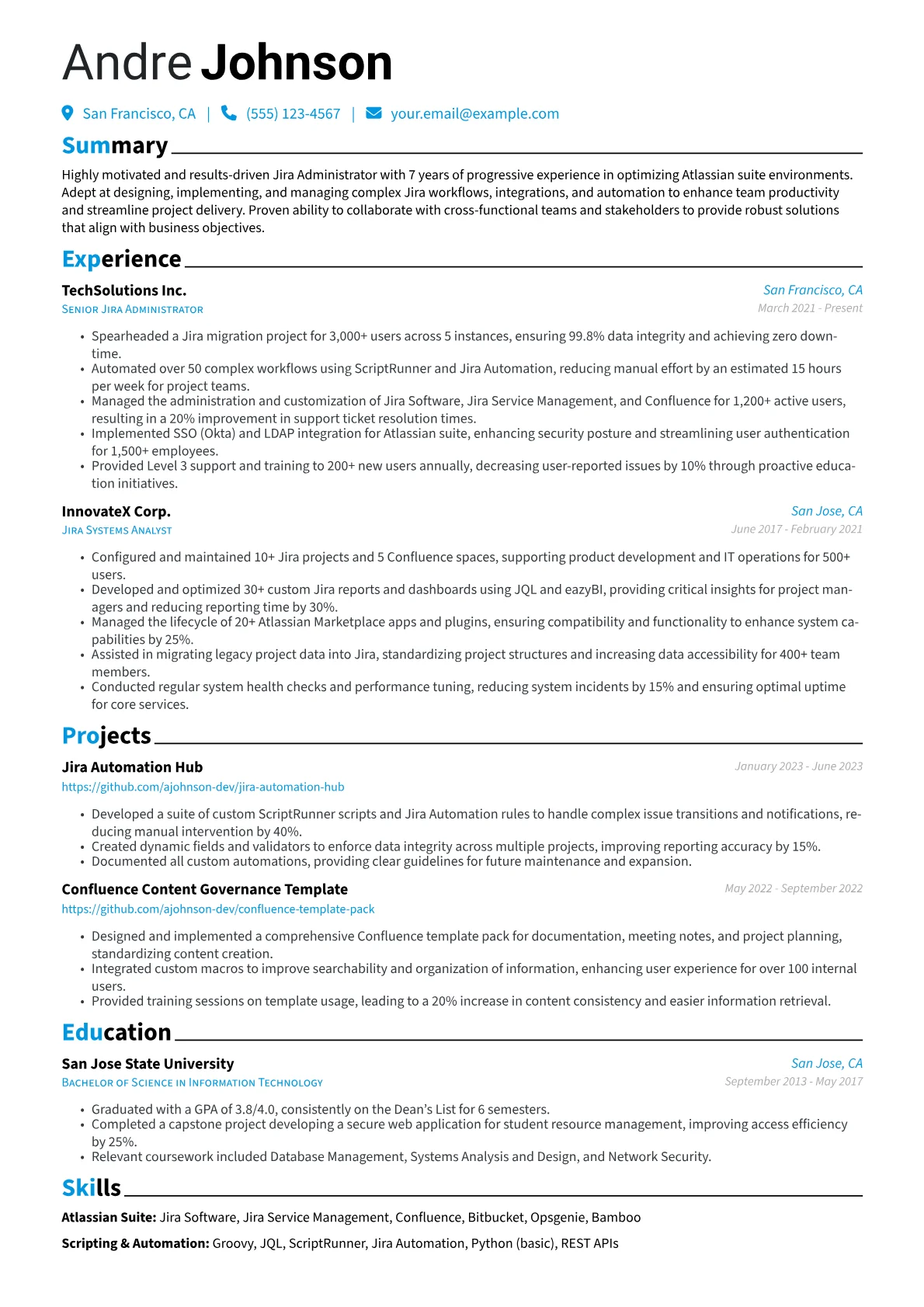Jira Administrator Resume Example CV template - Page 1