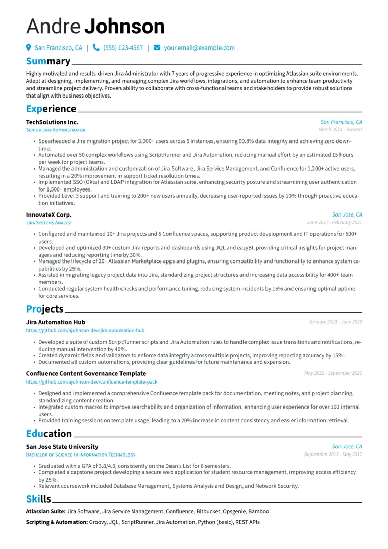 Jira Administrator Resume Example CV template preview