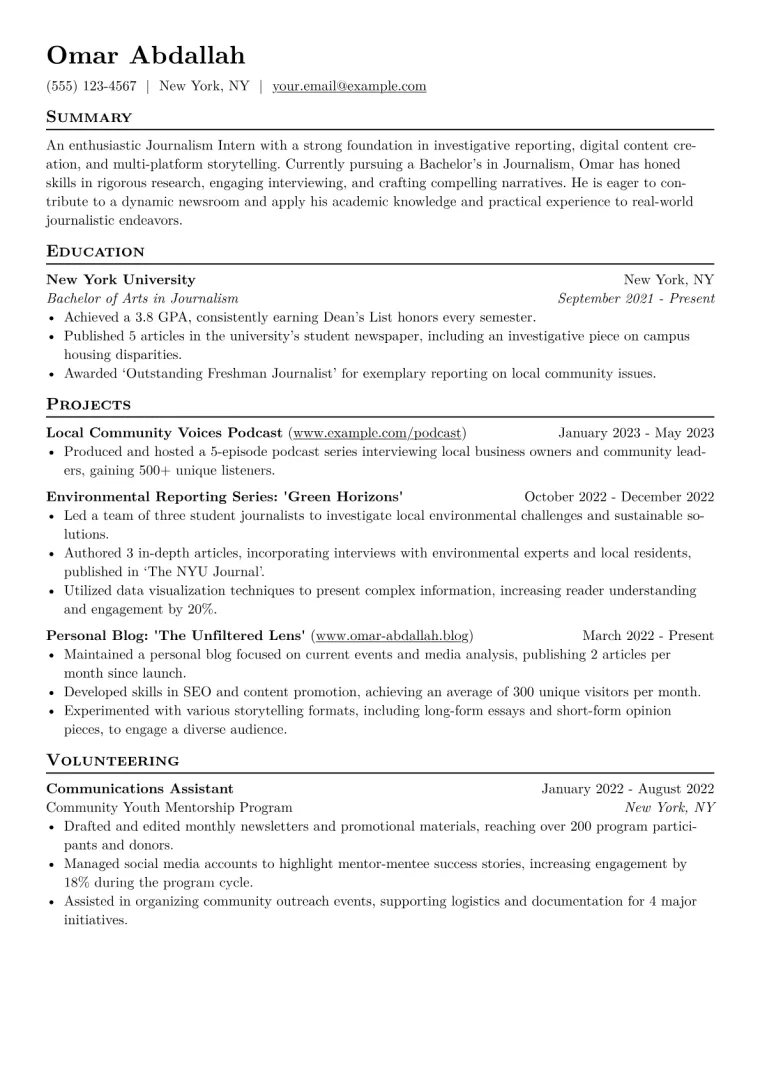Journalism Intern Resume Example CV template preview