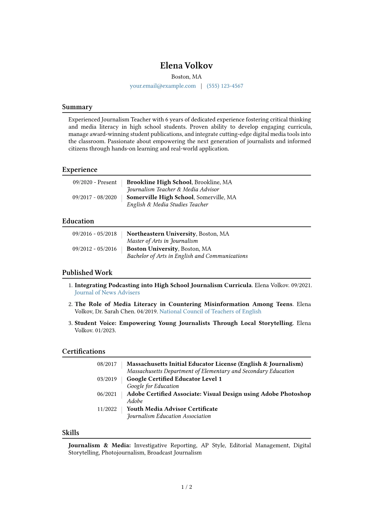 Journalism Teacher Resume Example CV template - Page 1
