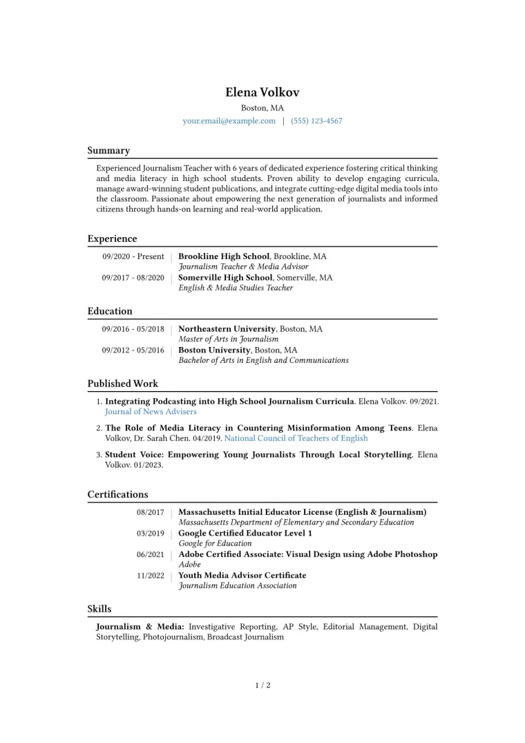 Journalism Teacher Resume Example CV template preview
