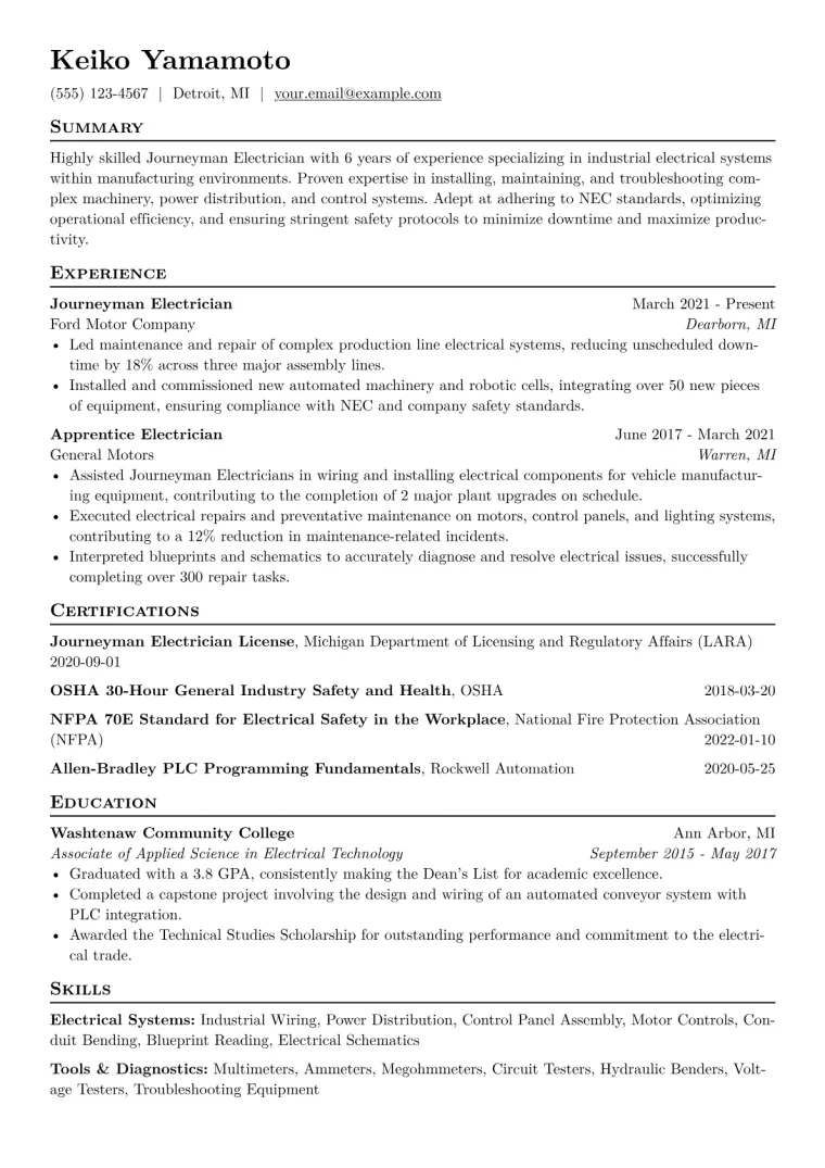 Journeyman Electrician Resume Example CV template preview