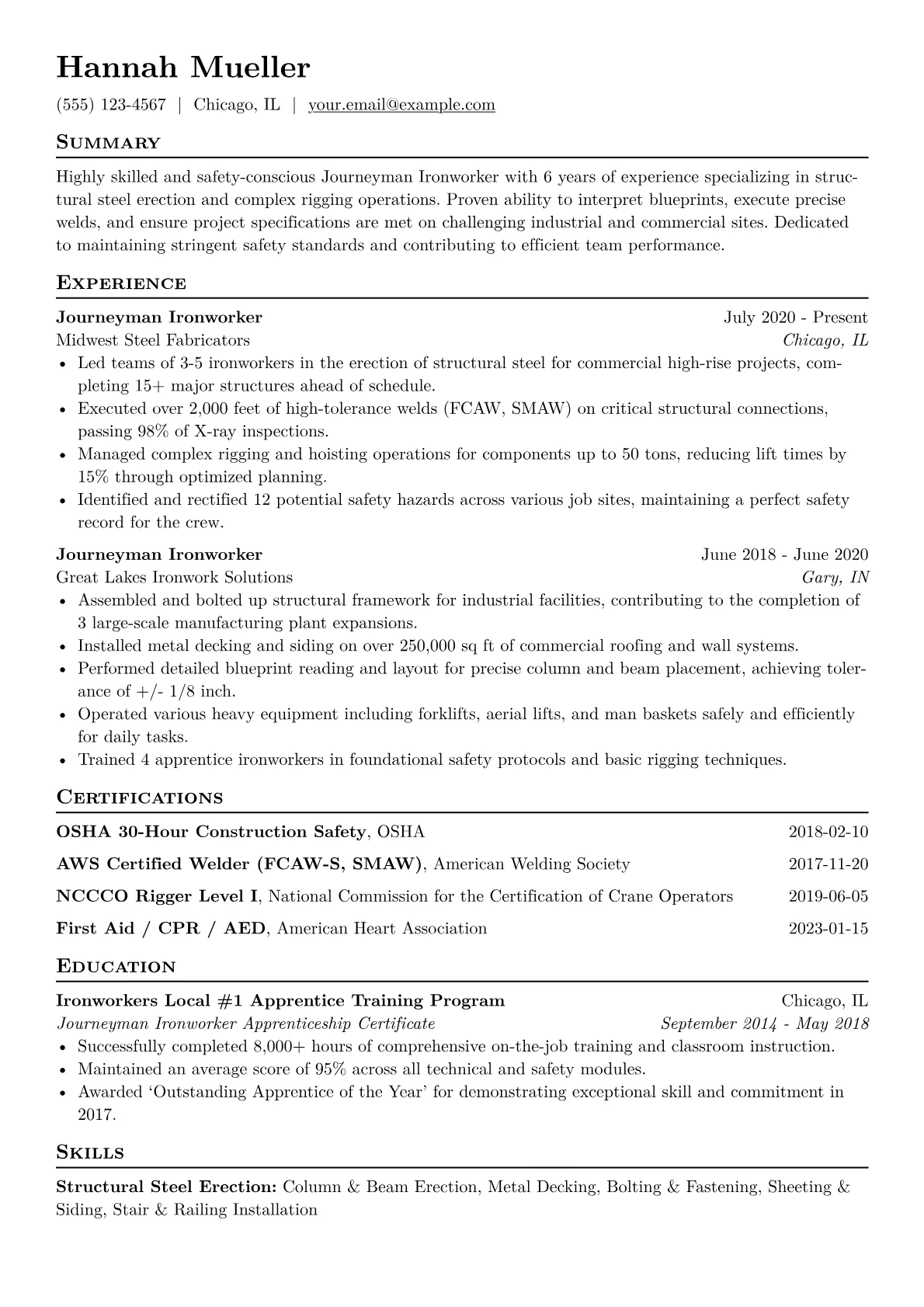 Journeyman Ironworker Resume Example CV template - Page 1