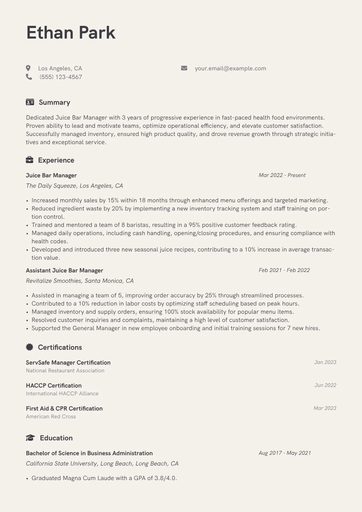 Juice Bar Manager Resume Example CV template - Page 1