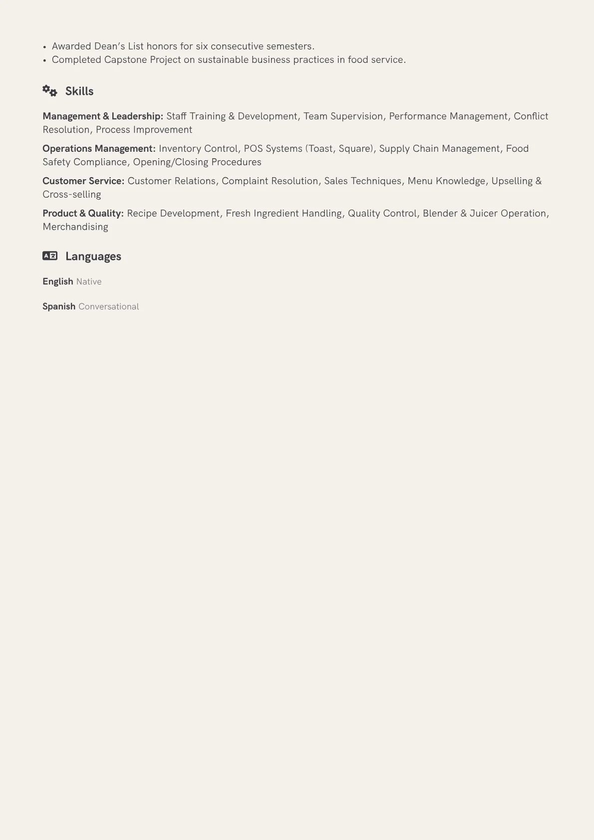 Juice Bar Manager Resume Example CV template - Page 2