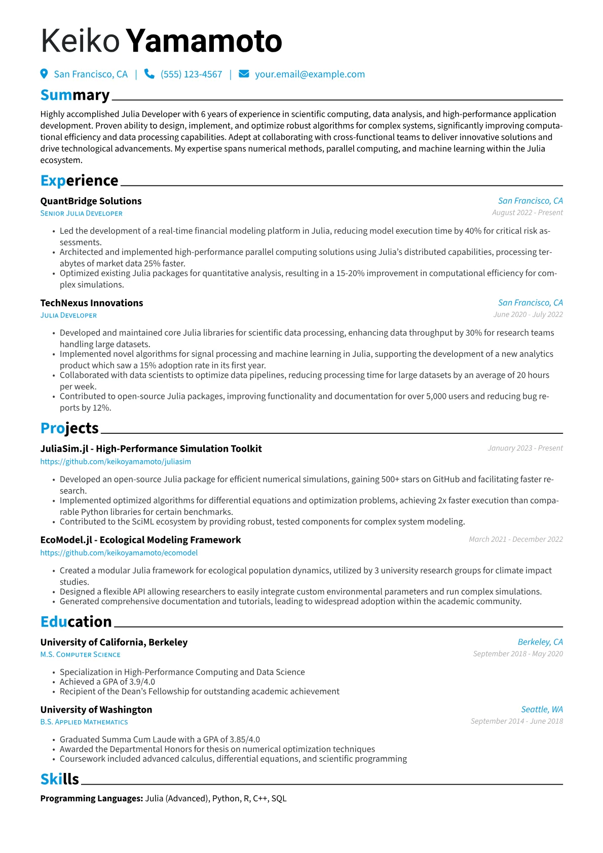 Julia Developer Resume Example CV template - Page 1
