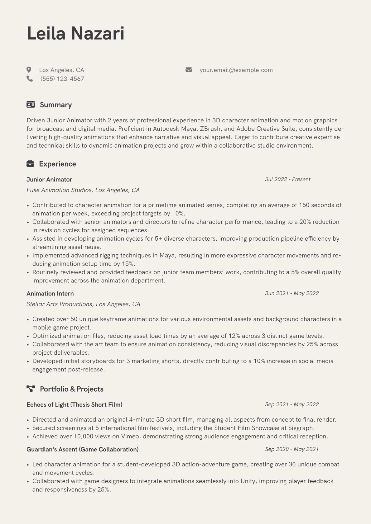 Junior Animator Resume Example CV template - Page 1