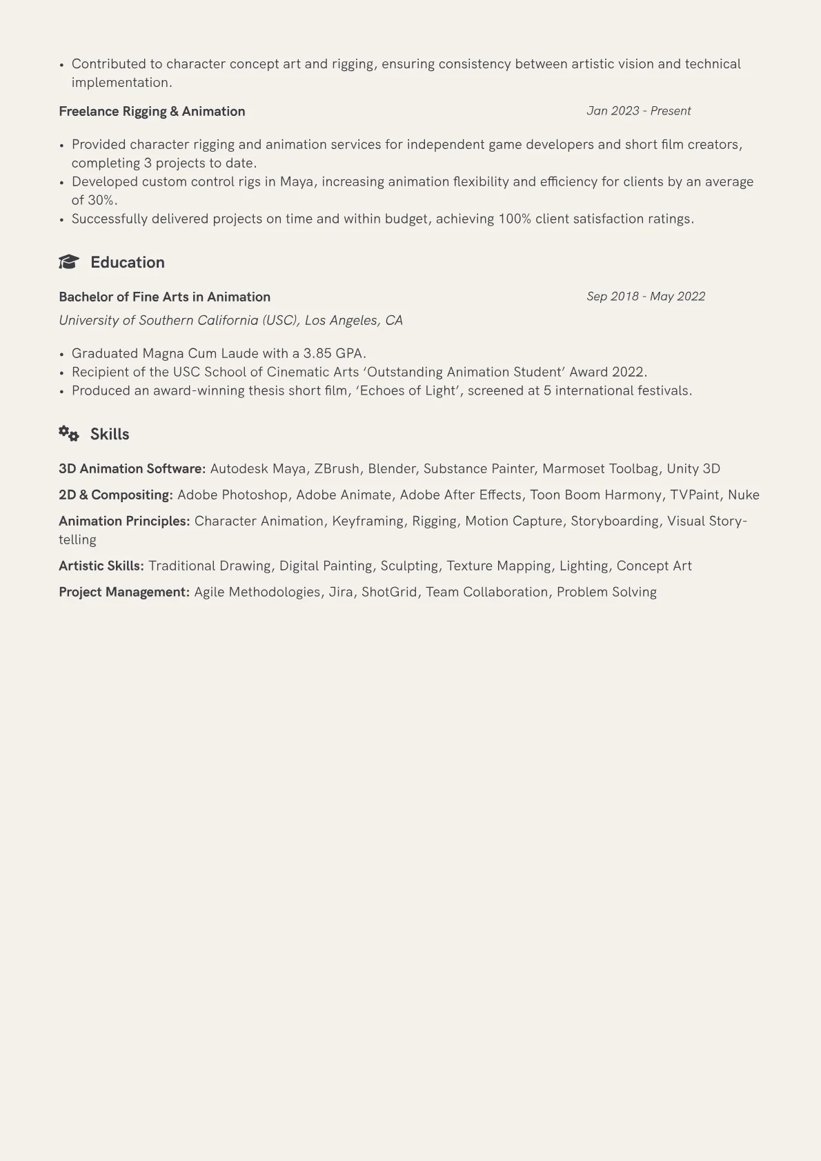 Junior Animator Resume Example CV template - Page 2