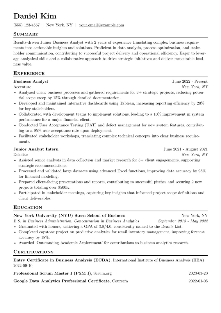 Junior Business Analyst Resume Example CV template preview