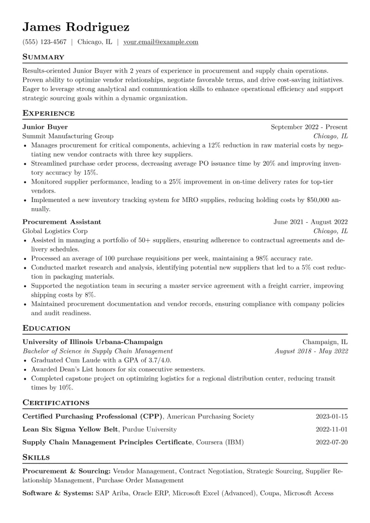 Junior Buyer Resume Example CV template preview