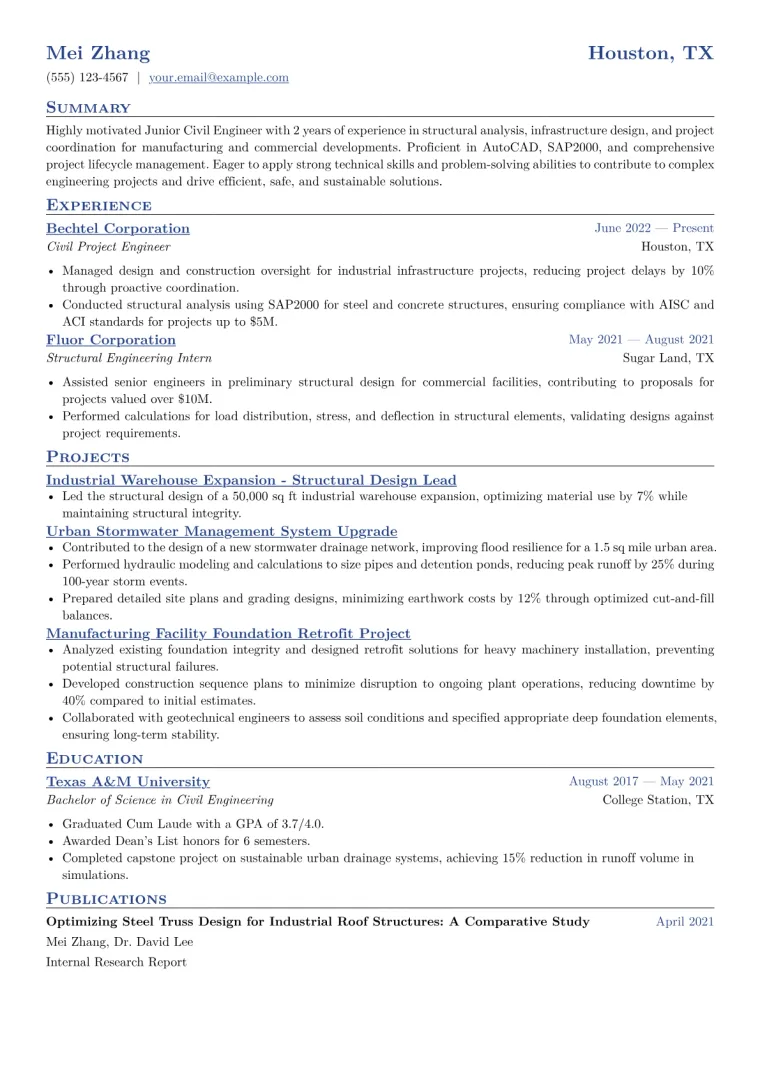 Junior Civil Engineer Resume Example CV template preview