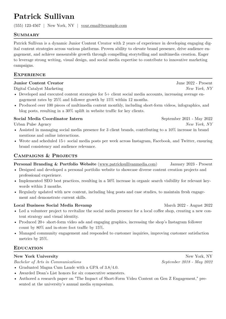 Junior Content Creator Resume Example CV template preview