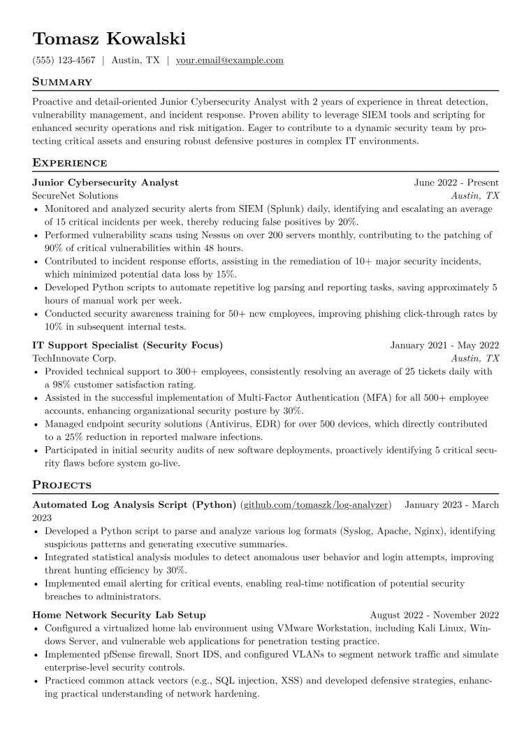 Junior Cybersecurity Analyst Resume Example CV template preview