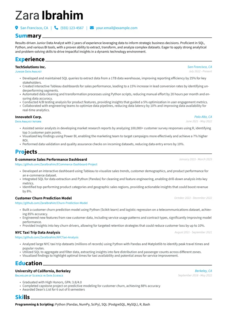 Junior Data Analyst Resume Example CV template preview