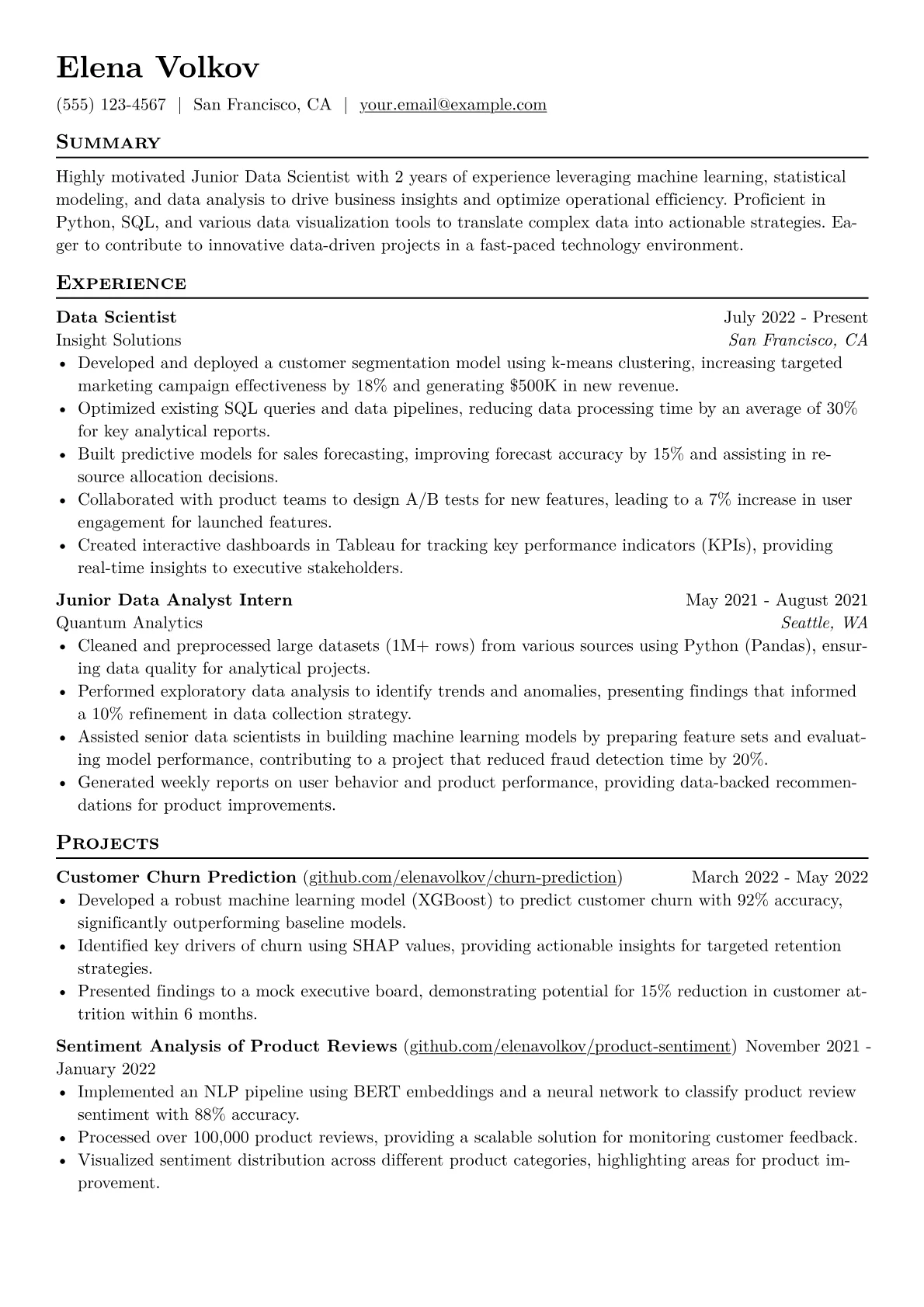 Junior Data Scientist Resume Example CV template - Page 1