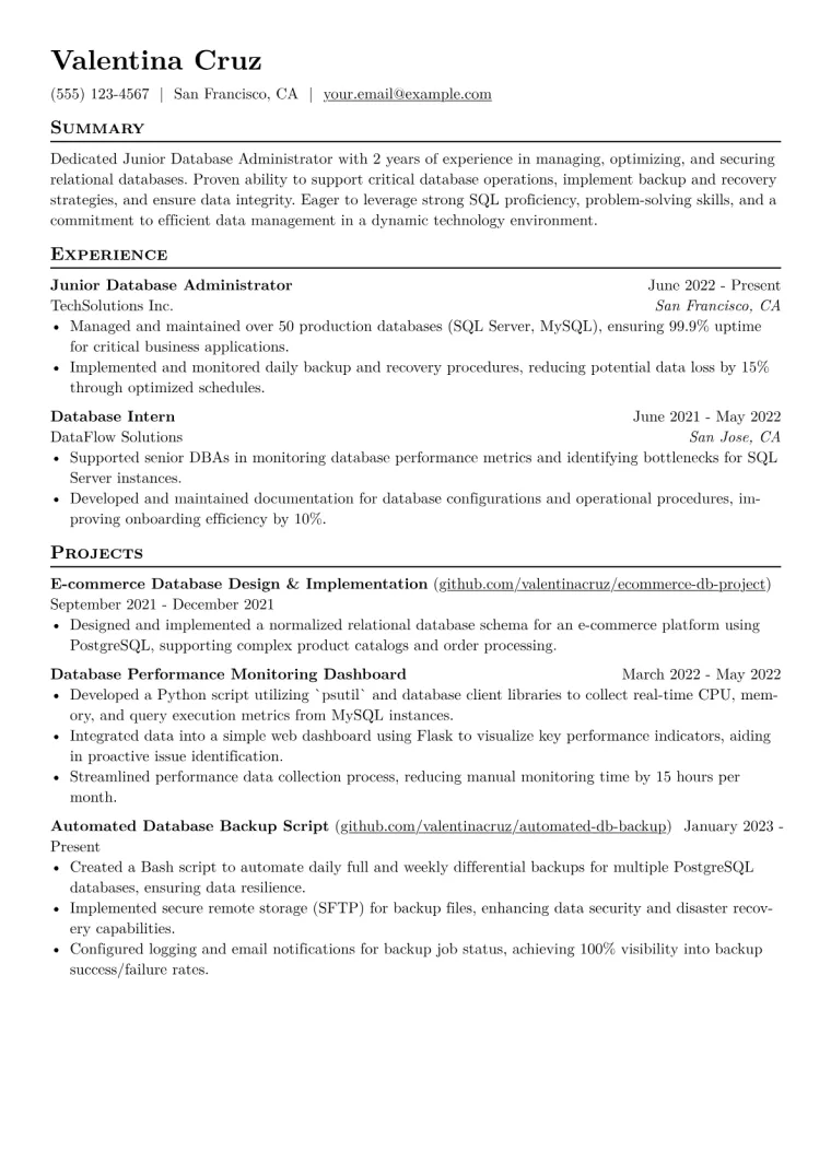 Junior Database Administrator Resume Example CV template preview