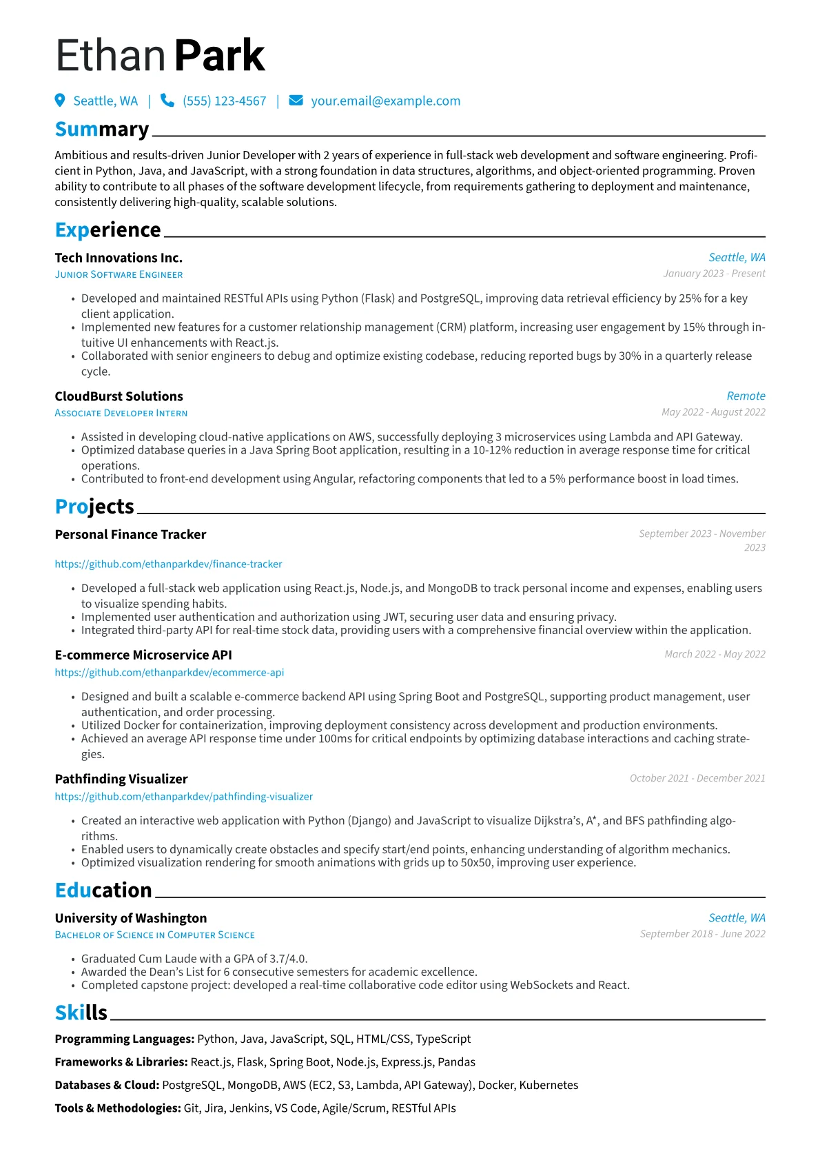 Junior Developer Resume Example CV template - Page 1