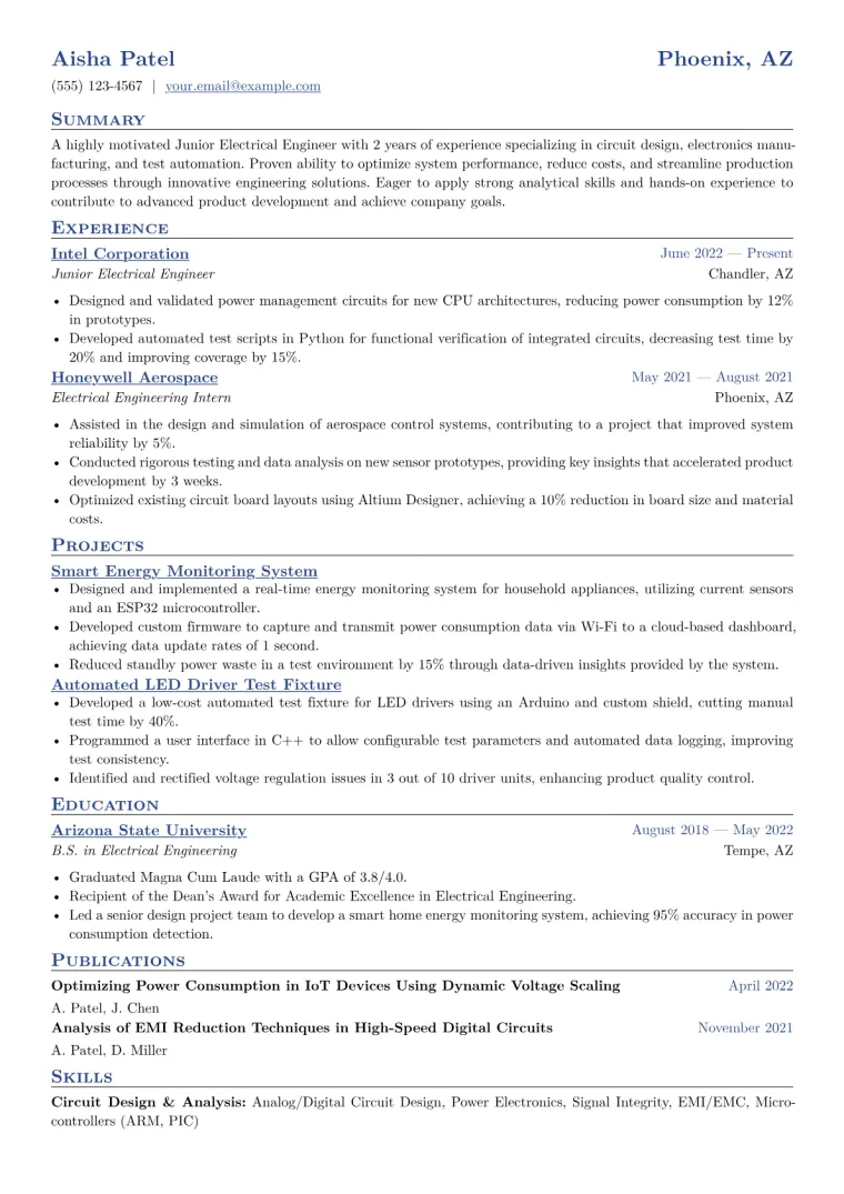 Junior Electrical Engineer Resume Example CV template preview