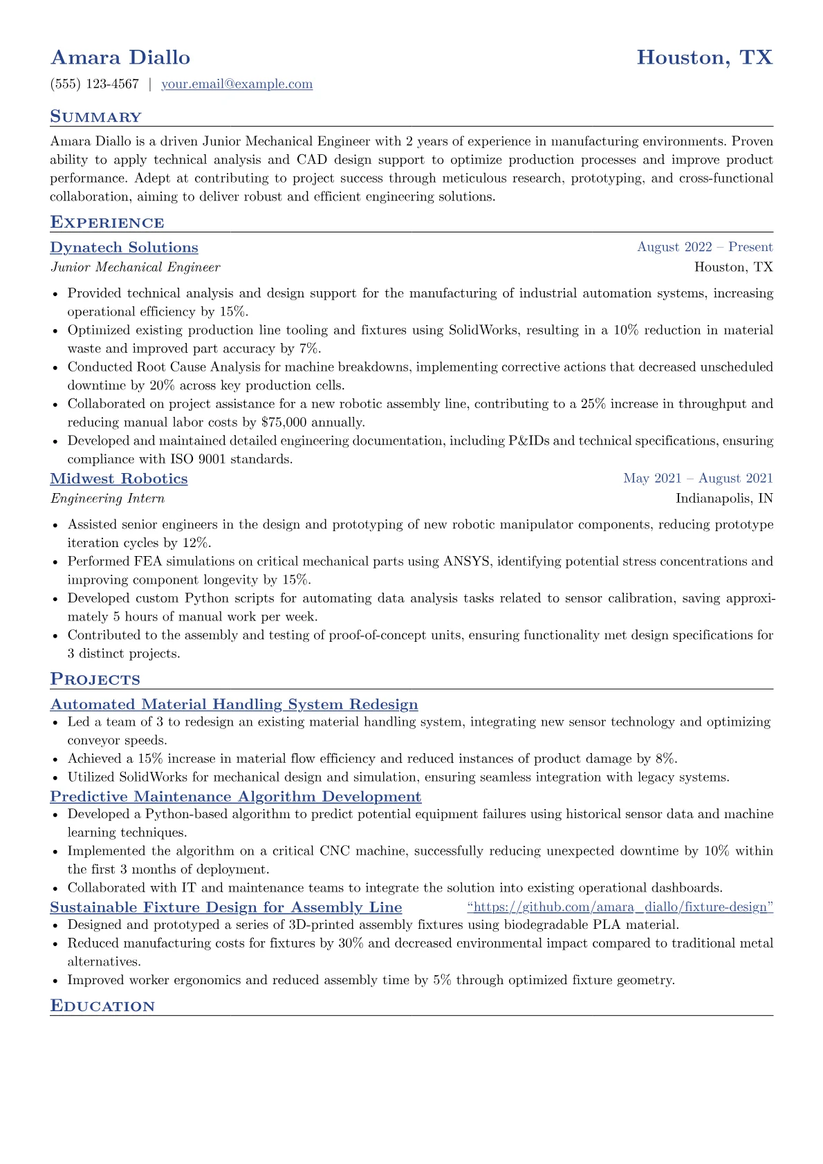 Junior Engineer Resume Example CV template - Page 1