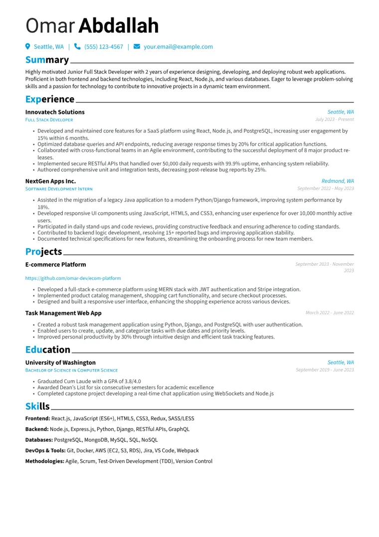 Junior Full Stack Developer Resume Example CV template preview
