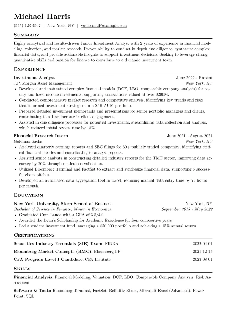 Junior Investment Analyst Resume Example CV template preview