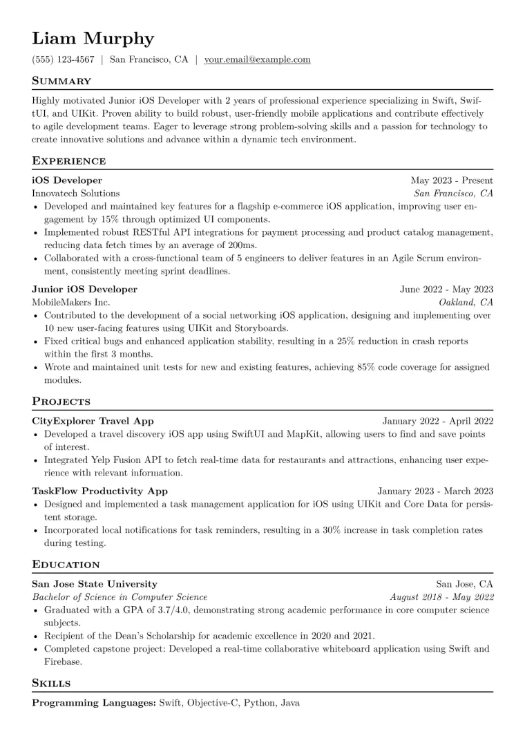 Junior iOS Developer Resume Example CV template preview