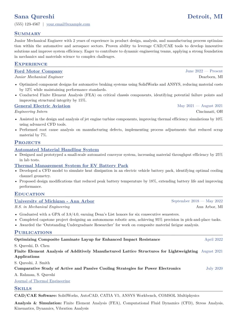 Junior Mechanical Engineer Resume Example CV template preview
