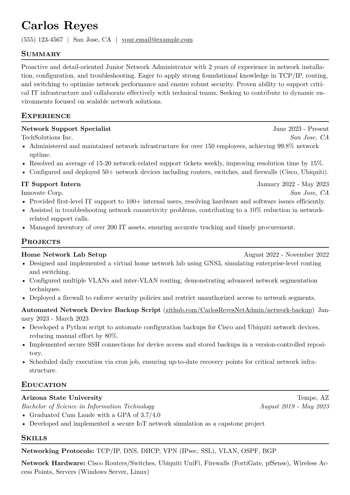 Junior Network Administrator Resume Example CV template - Page 1