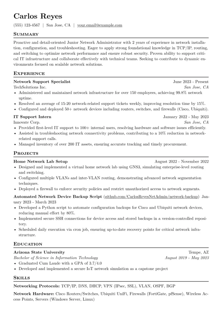 Junior Network Administrator Resume Example CV template preview