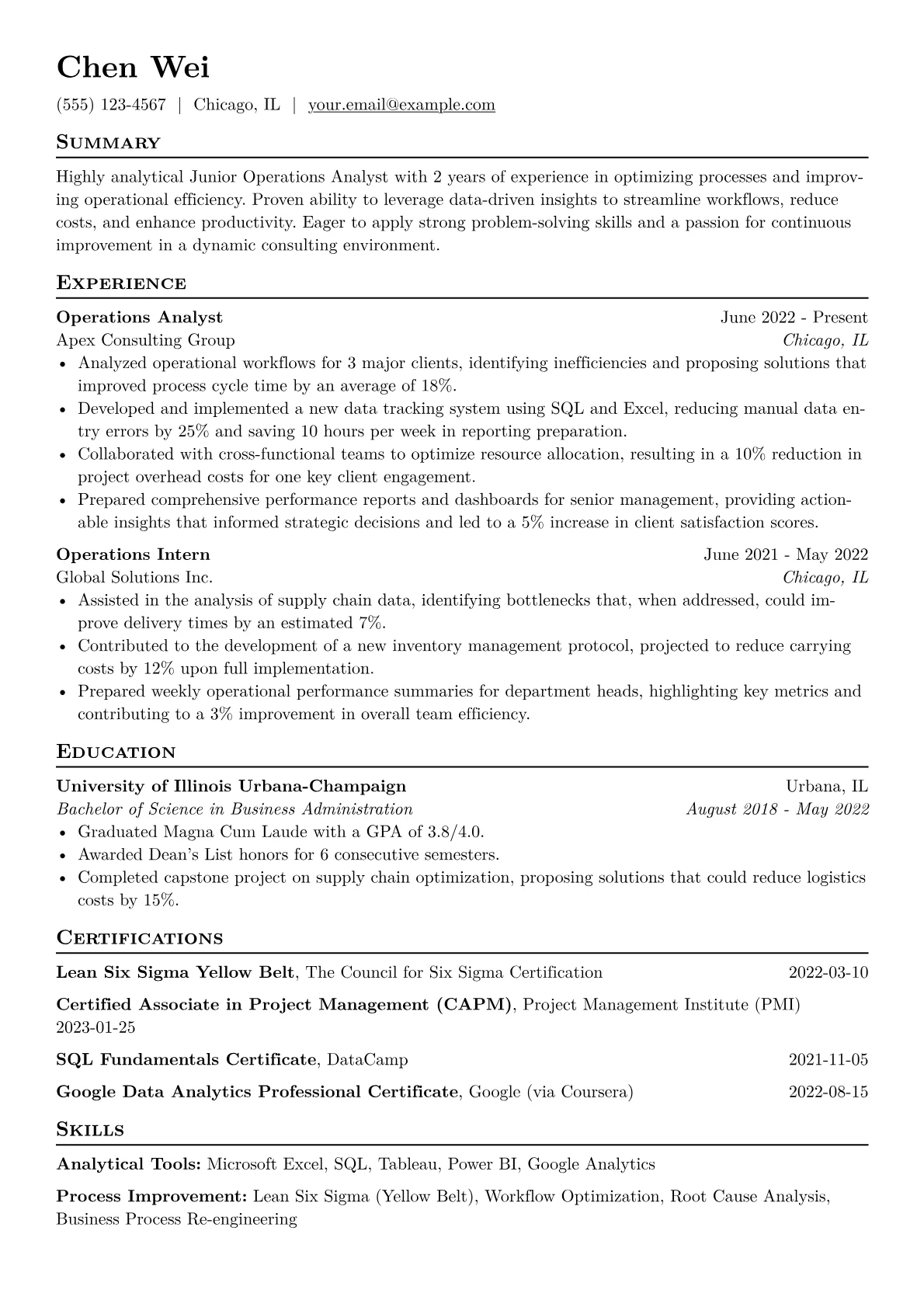 Junior Operations Analyst Resume Example CV template - Page 1