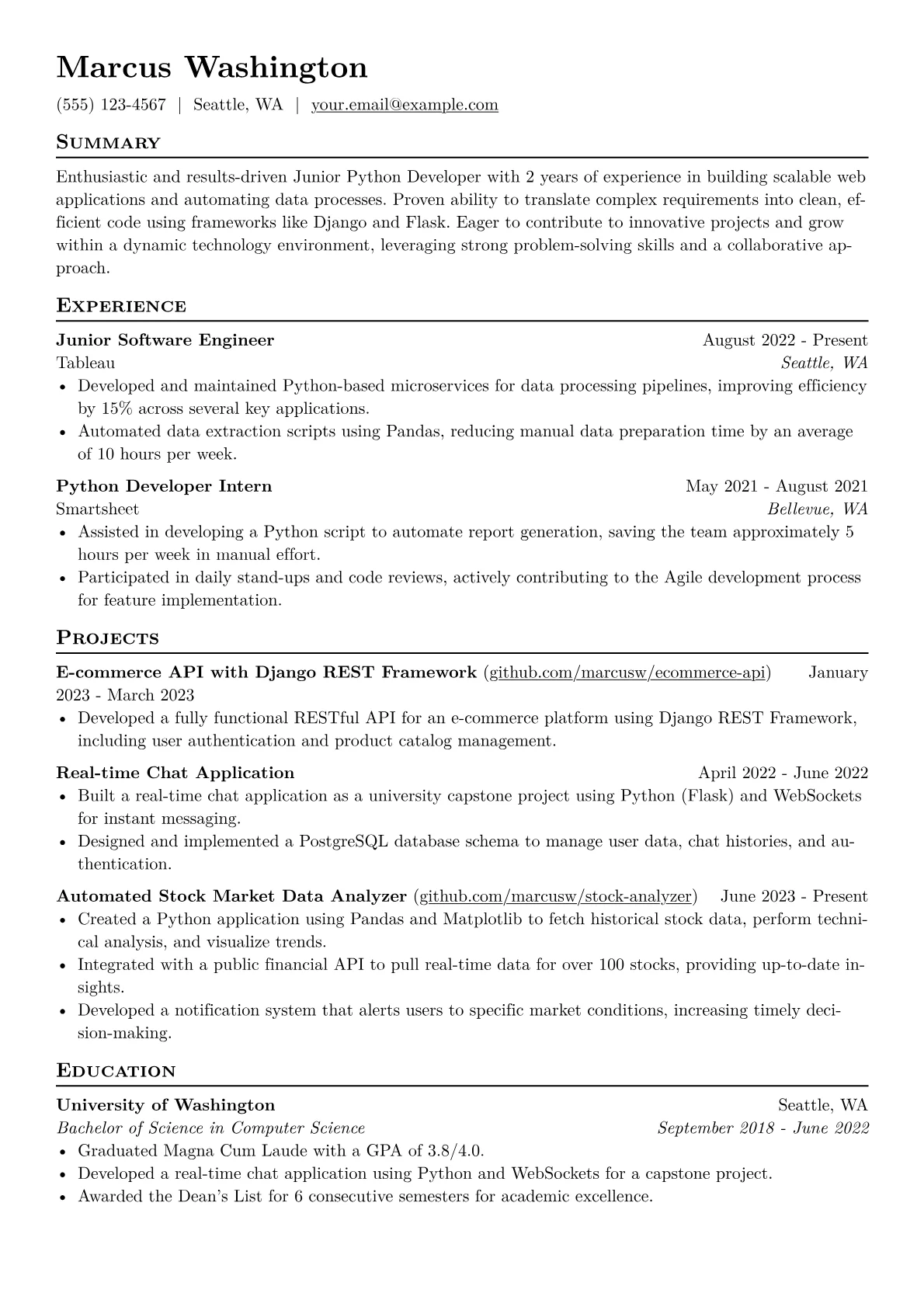 Junior Python Developer Resume Example CV template - Page 1